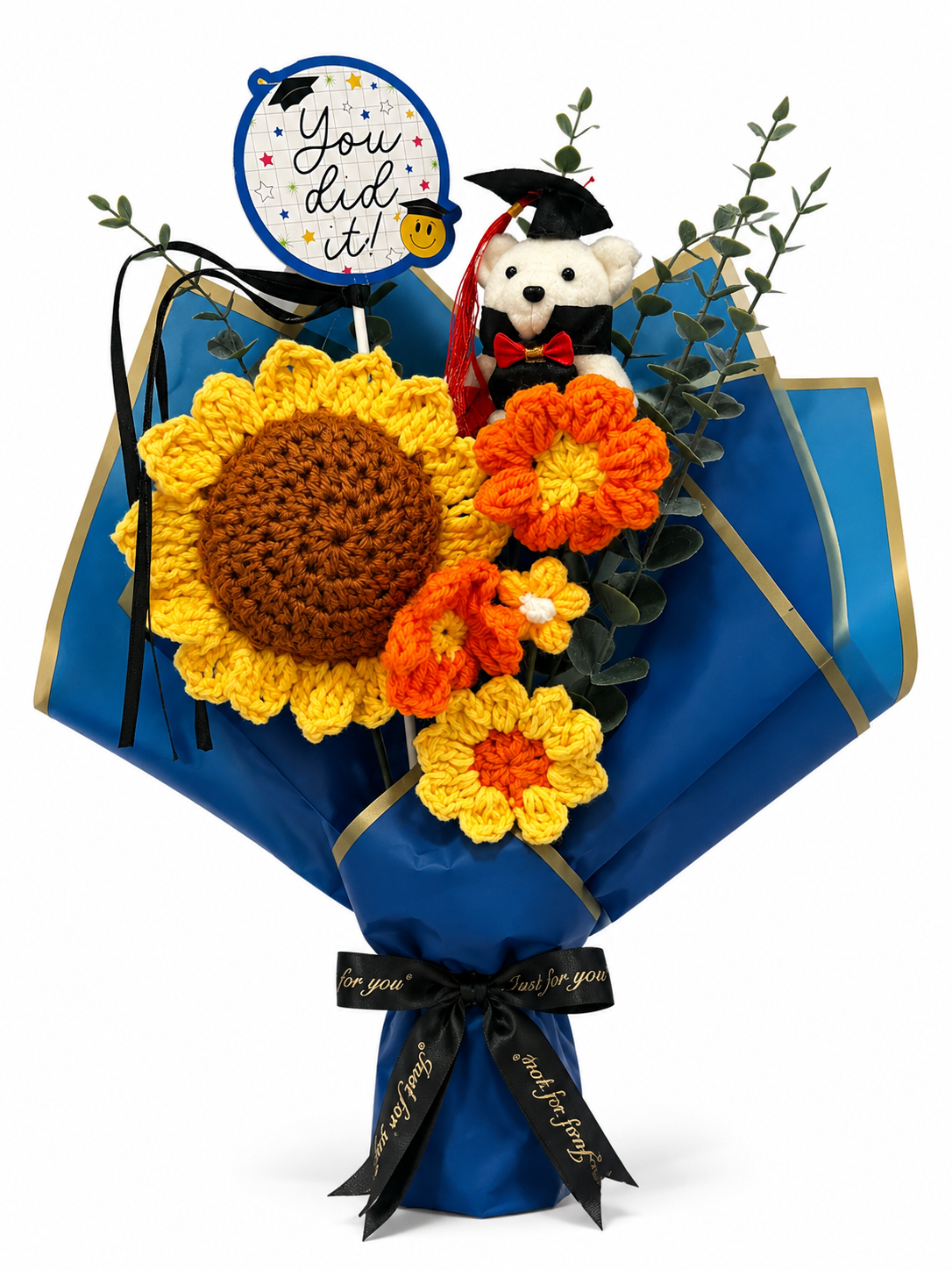Handmade Crochet Sunflower Graduation Bouquet with Teddy Bear | Forever Graduation Gift | Made in Canada