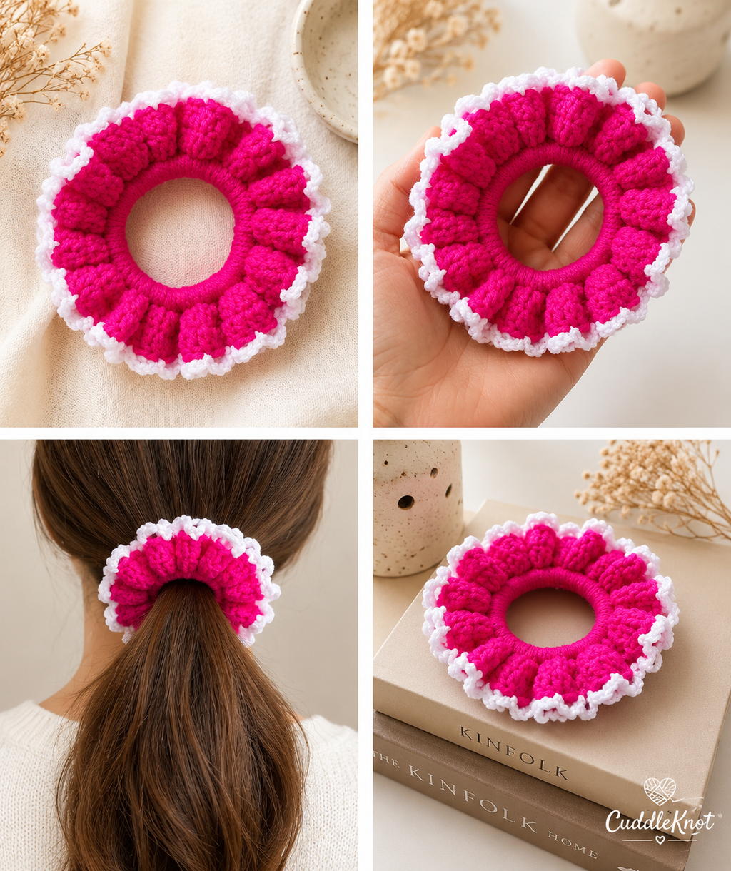 Handmade Crochet Flower Scrunchie | Soft Hair Tie | Made in Canada