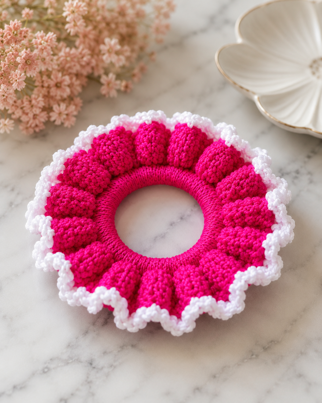 Handmade Crochet Flower Scrunchie | Soft Hair Tie | Made in Canada