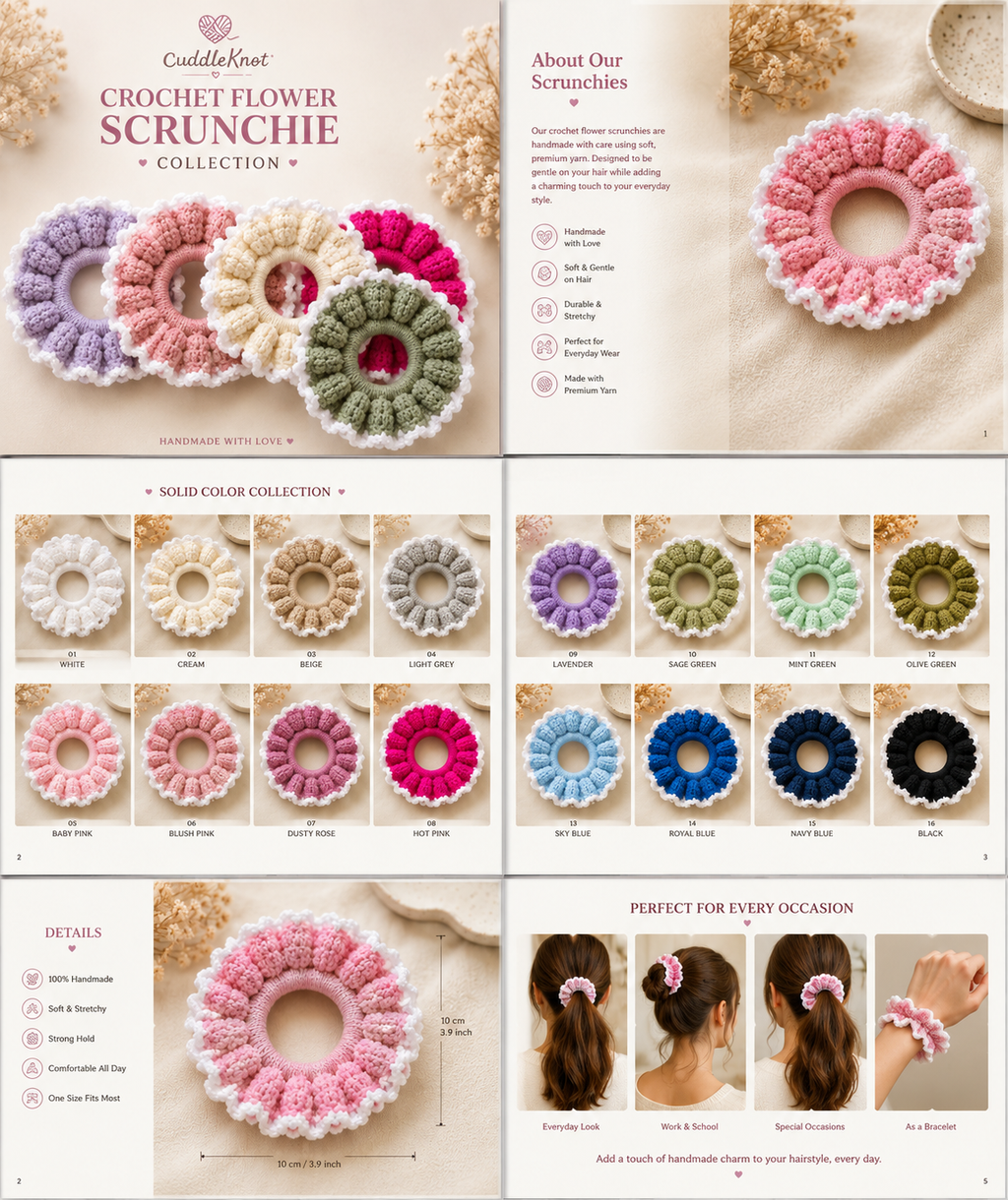 Handmade Crochet Flower Scrunchie | Soft Hair Tie | Made in Canada