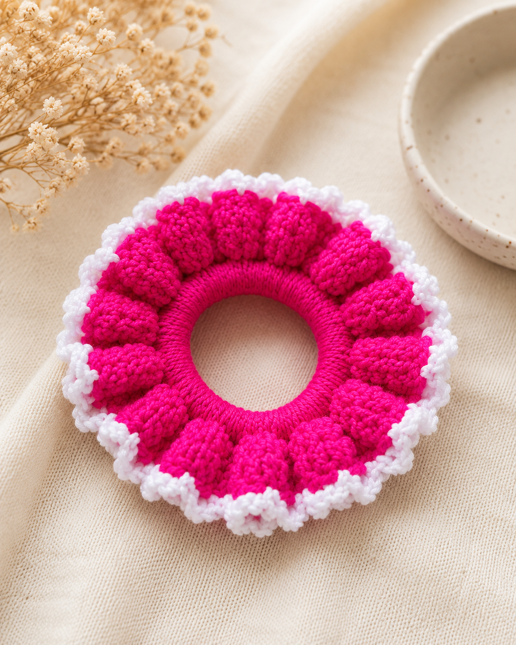 Handmade Crochet Flower Scrunchie | Soft Hair Tie | Made in Canada